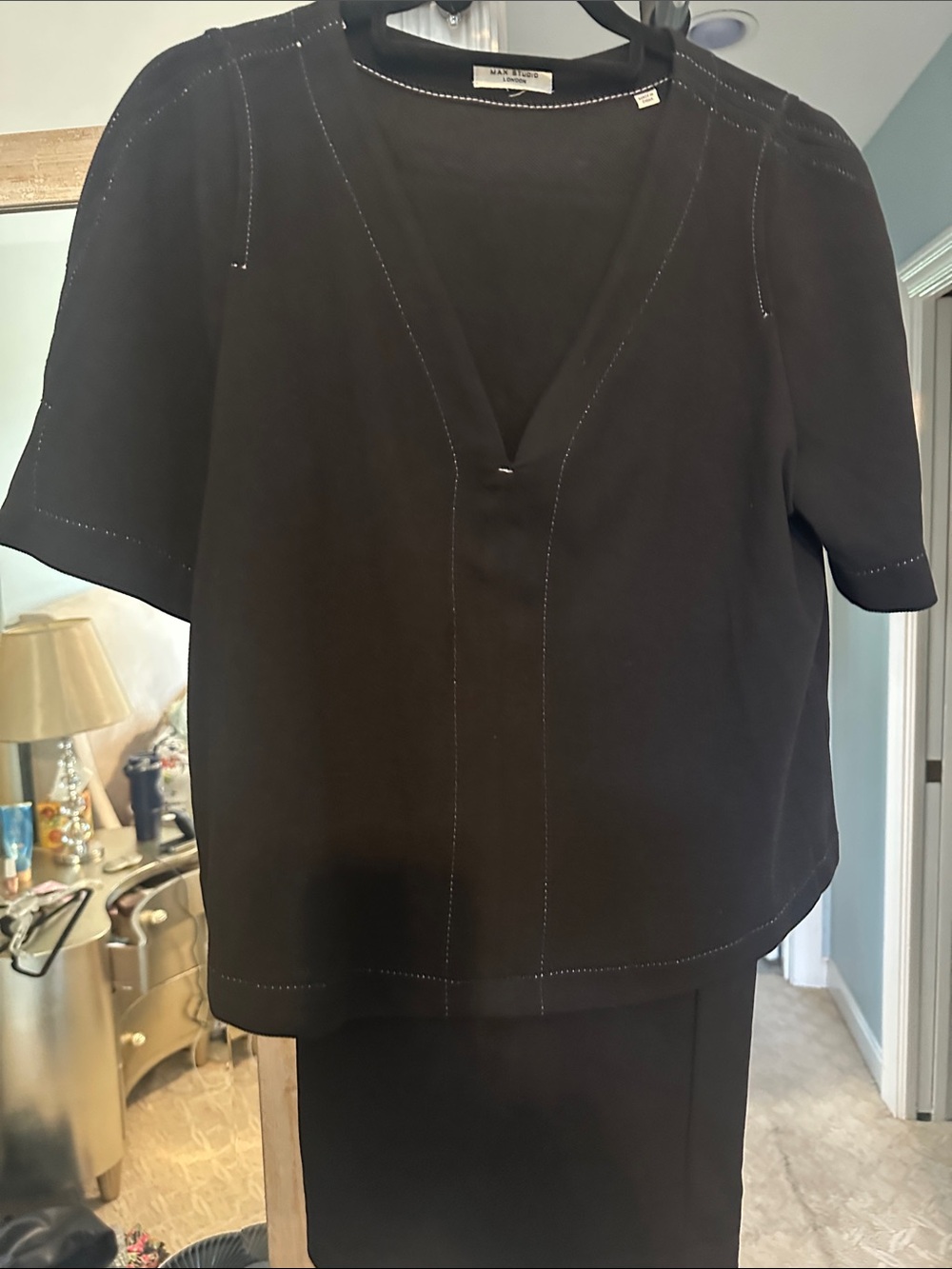 Max Studio Black V-Neck Stitch-Detail Short Sleeve Top and wide leg pull-on pant